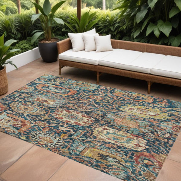 HomeRoots 5' Stylish Navy Blue Damask Area Rug - Washable, Durable, Indoor/Outdoor, Perfect for High Traffic Spaces 8' X 10' 603746