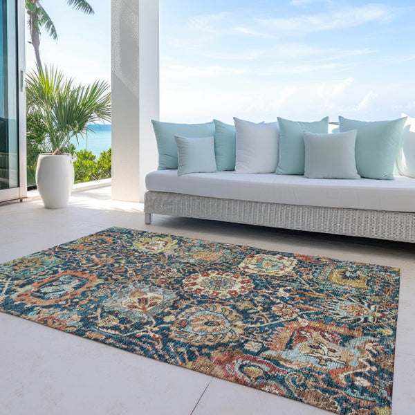 HomeRoots 5' Stylish Navy Blue Damask Area Rug - Washable, Durable, Indoor/Outdoor, Perfect for High Traffic Spaces 8' X 10' 603746