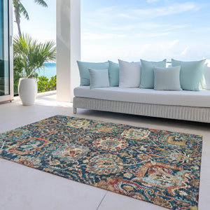 Homeroots 3' Stylish Chocolate And Aqua Damask Washable Area Rug For Indoor And Outdoor Spaces, Durable Design 10' X 14' Polyester 603748