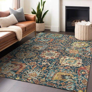 Homeroots 3' Stylish Chocolate And Aqua Damask Washable Area Rug For Indoor And Outdoor Spaces, Durable Design 10' X 14' Polyester 603748