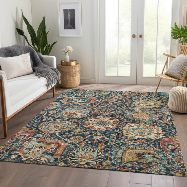 Homeroots 3' Stylish Chocolate And Aqua Damask Washable Area Rug For Indoor And Outdoor Spaces, Durable Design 10' X 14' Polyester 603748
