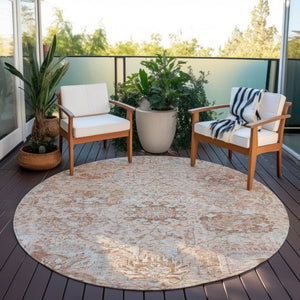 HomeRoots 5' Coral and Gray Damask Area Rug - Stylish, Durable, and Machine Washable for Indoor or Outdoor Use 8' Round 603757
