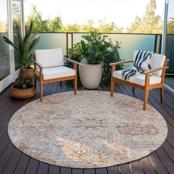 HomeRoots 5' Coral and Gray Damask Area Rug - Stylish, Durable, and Machine Washable for Indoor or Outdoor Use 8' Round 603757