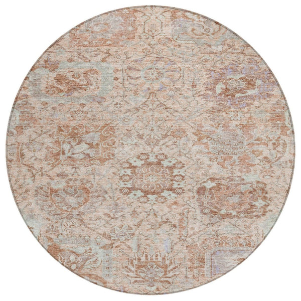 HomeRoots 5' Coral and Gray Damask Area Rug - Stylish, Durable, and Machine Washable for Indoor or Outdoor Use 8' Round 603757