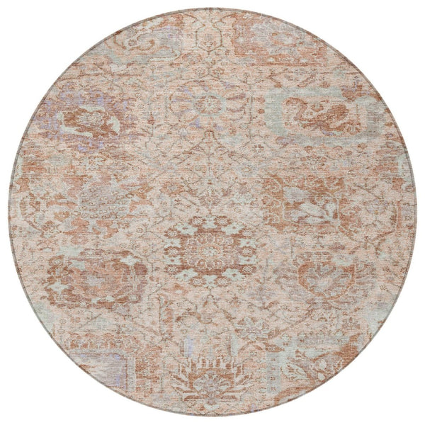 HomeRoots 5' Coral and Gray Damask Area Rug - Stylish, Durable, and Machine Washable for Indoor or Outdoor Use 8' Round 603757