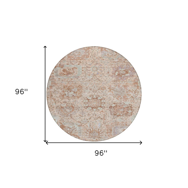 HomeRoots 5' Coral and Gray Damask Area Rug - Stylish, Durable, and Machine Washable for Indoor or Outdoor Use 8' Round 603757