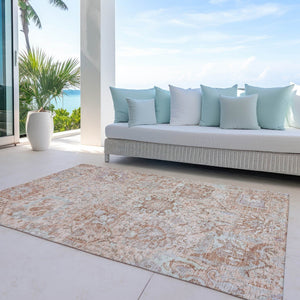 HomeRoots 9' X 12' Coral And Gray Damask Area Rug - Durable, Washable Design for Indoor & Outdoor Elegance! 603759