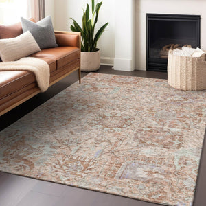 HomeRoots 9' X 12' Coral And Gray Damask Area Rug - Durable, Washable Design for Indoor & Outdoor Elegance! 603759