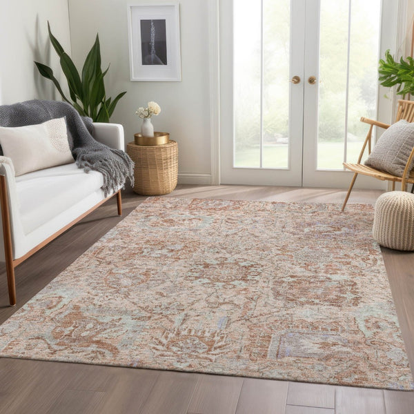 HomeRoots 9' X 12' Coral And Gray Damask Area Rug - Durable, Washable Design for Indoor & Outdoor Elegance! 603759