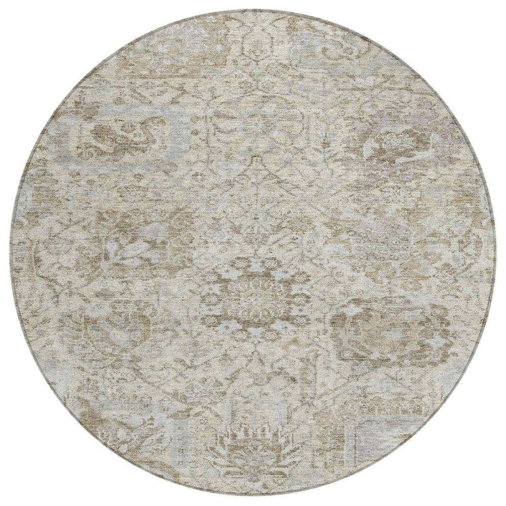 HomeRoots 5' Elegant Damask Indoor Outdoor Area Rug in Ivory, Brown & Gray - Durable, Washable, Versatile Design 8' Round 603763