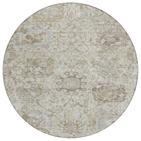 HomeRoots 5' Elegant Damask Indoor Outdoor Area Rug in Ivory, Brown & Gray - Durable, Washable, Versatile Design 8' Round 603763