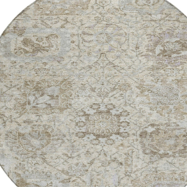 HomeRoots 5' Elegant Damask Indoor Outdoor Area Rug in Ivory, Brown & Gray - Durable, Washable, Versatile Design 8' Round 603763