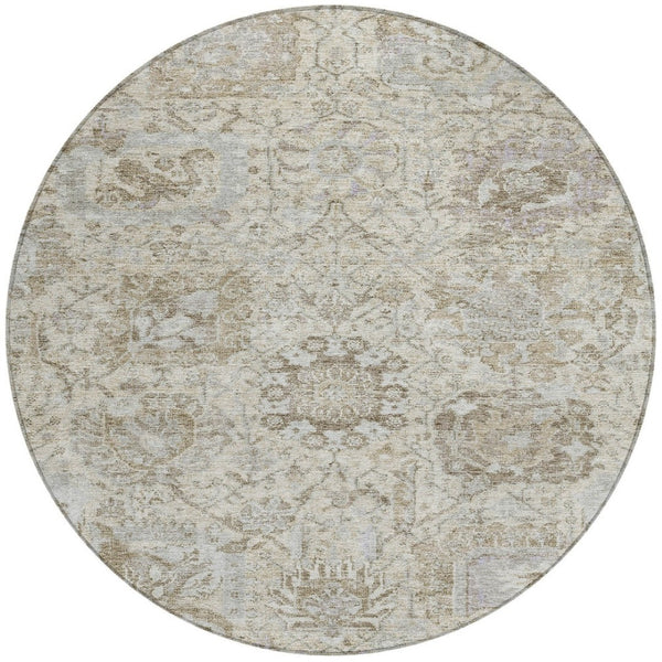 HomeRoots 5' Elegant Damask Indoor Outdoor Area Rug in Ivory, Brown & Gray - Durable, Washable, Versatile Design 8' Round 603763