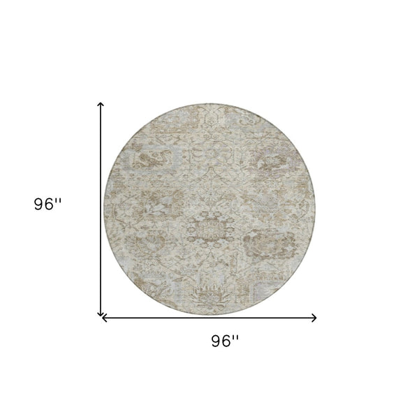 HomeRoots 5' Elegant Damask Indoor Outdoor Area Rug in Ivory, Brown & Gray - Durable, Washable, Versatile Design 8' Round 603763
