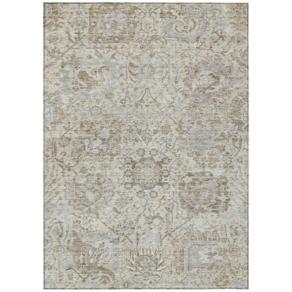 HomeRoots 9' X 12' Elegant Washable Damask Area Rug in Ivory, Brown & Gray - Perfect for Indoor & Outdoor Use 603765