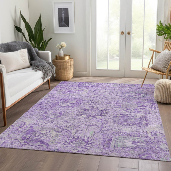 HomeRoots 5' Timeless Lavender and Gray Damask Area Rug for Indoor and Outdoor Spaces – Durable, Washable Design 5' X 8' 603768