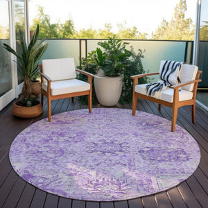 HomeRoots 5' Timeless Lavender and Gray Damask Area Rug for Indoor and Outdoor Spaces – Durable, Washable Design 8' Round 603769