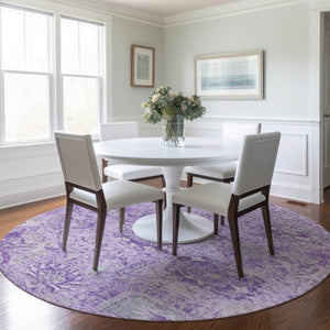 HomeRoots 5' Timeless Lavender and Gray Damask Area Rug for Indoor and Outdoor Spaces – Durable, Washable Design 8' Round 603769