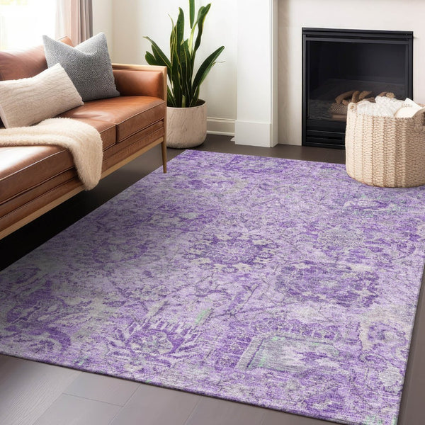 HomeRoots 9' X 12' Elegant Lavender & Gray Damask Rug - Washable Indoor/Outdoor, Stain-Resistant Design! 603771