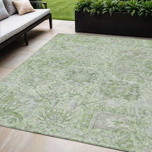HomeRoots 5' Mint Green and Gray Damask Indoor Outdoor Area Rug - Durable, Stylish, Machine Washable Design 5' X 8' 603774