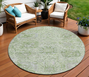 HomeRoots 5' Mint Green and Gray Damask Indoor Outdoor Area Rug - Durable, Stylish, Machine Washable Design 8' Round 603775