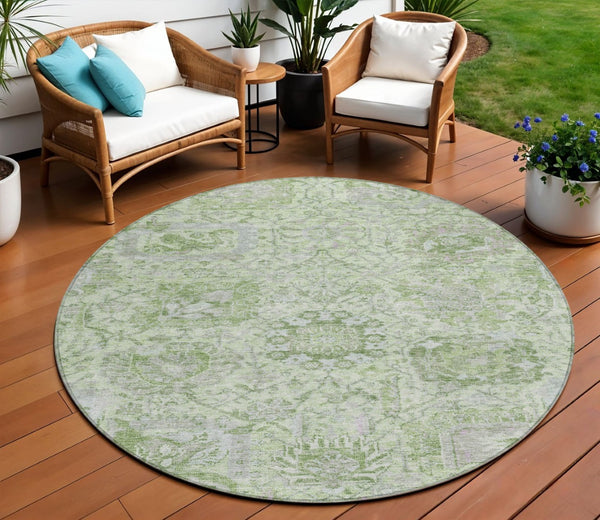 HomeRoots 5' Mint Green and Gray Damask Indoor Outdoor Area Rug - Durable, Stylish, Machine Washable Design 8' Round 603775