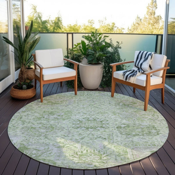 HomeRoots 5' Mint Green and Gray Damask Indoor Outdoor Area Rug - Durable, Stylish, Machine Washable Design 8' Round 603775