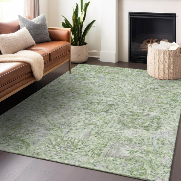 HomeRoots 5' Mint Green and Gray Damask Indoor Outdoor Area Rug - Durable, Stylish, Machine Washable Design 10' X 14' 603778