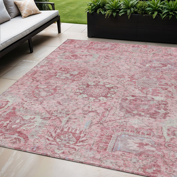 HomeRoots 5' Pink and Gray Damask Area Rug - Durable, Washable Design for Indoor and Outdoor Spaces 5' X 8' 603780