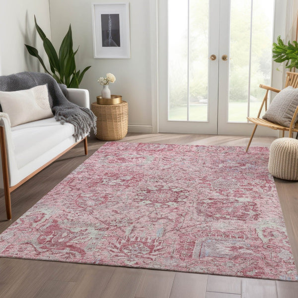 HomeRoots 5' Pink and Gray Damask Area Rug - Durable, Washable Design for Indoor and Outdoor Spaces 5' X 8' 603780