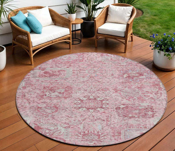 HomeRoots 5' Pink and Gray Damask Area Rug - Durable, Washable Design for Indoor and Outdoor Spaces 8' Round 603781