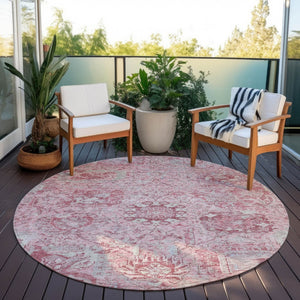 HomeRoots 5' Pink and Gray Damask Area Rug - Durable, Washable Design for Indoor and Outdoor Spaces 8' Round 603781