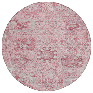 HomeRoots 5' Pink and Gray Damask Area Rug - Durable, Washable Design for Indoor and Outdoor Spaces 8' Round 603781
