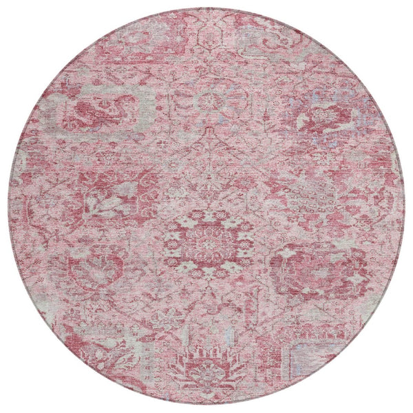 HomeRoots 5' Pink and Gray Damask Area Rug - Durable, Washable Design for Indoor and Outdoor Spaces 8' Round 603781