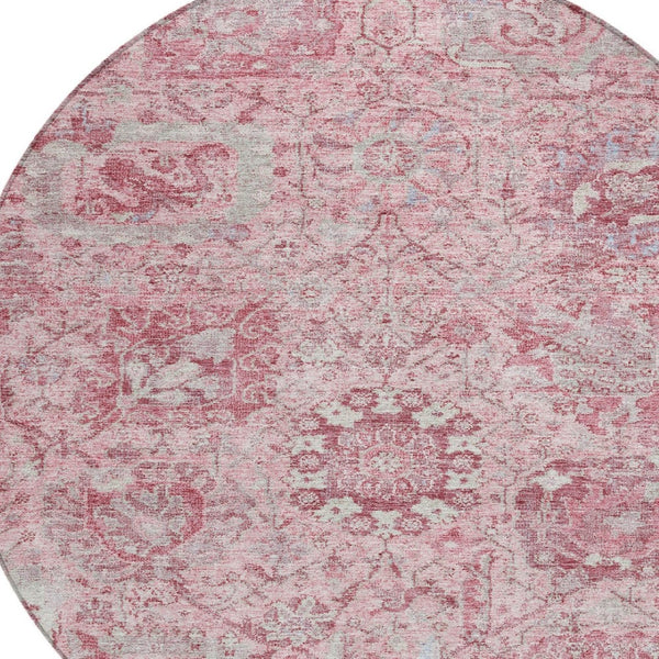 HomeRoots 5' Pink and Gray Damask Area Rug - Durable, Washable Design for Indoor and Outdoor Spaces 8' Round 603781