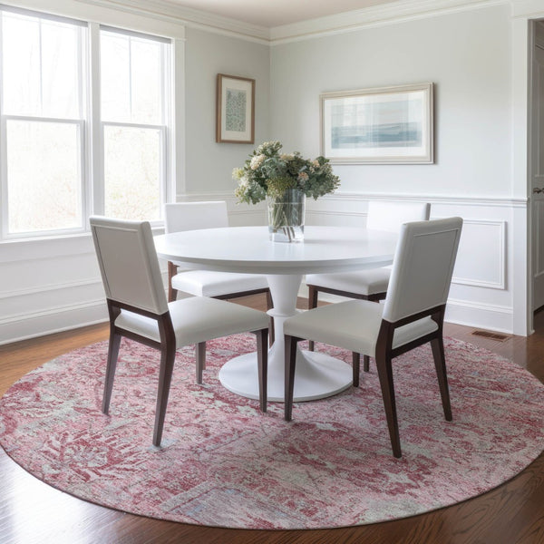 HomeRoots 5' Pink and Gray Damask Area Rug - Durable, Washable Design for Indoor and Outdoor Spaces 8' Round 603781