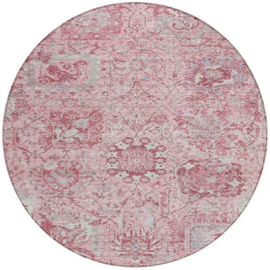 HomeRoots 5' Pink and Gray Damask Area Rug - Durable, Washable Design for Indoor and Outdoor Spaces 8' Round 603781