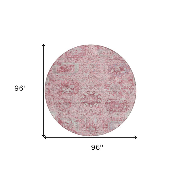 HomeRoots 5' Pink and Gray Damask Area Rug - Durable, Washable Design for Indoor and Outdoor Spaces 8' Round 603781