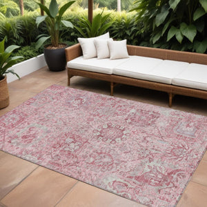 HomeRoots 5' Pink and Gray Damask Area Rug - Durable, Washable Design for Indoor and Outdoor Spaces 8' X 10' 603782