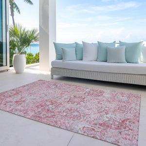 HomeRoots 5' Pink and Gray Damask Area Rug - Durable, Washable Design for Indoor and Outdoor Spaces 8' X 10' 603782