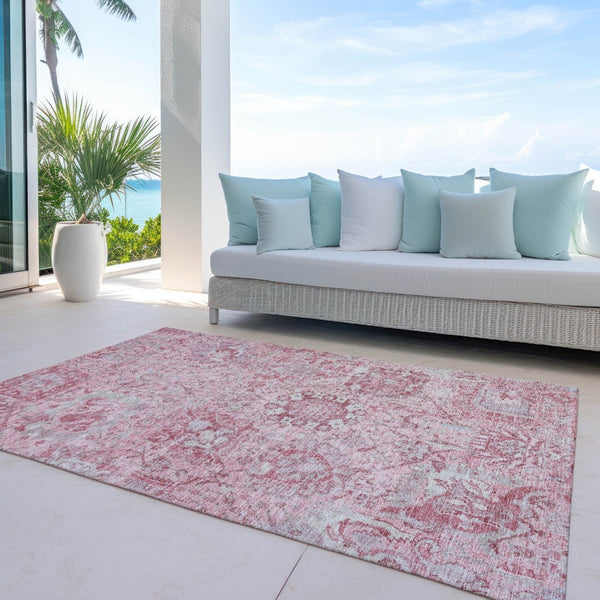 HomeRoots 5' Pink and Gray Damask Area Rug - Durable, Washable Design for Indoor and Outdoor Spaces 10' X 14' 603784