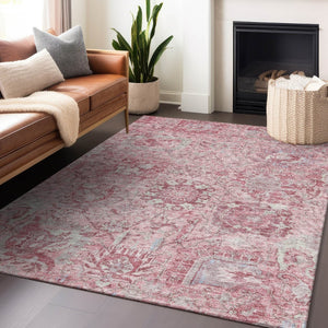 HomeRoots 5' Pink and Gray Damask Area Rug - Durable, Washable Design for Indoor and Outdoor Spaces 10' X 14' 603784