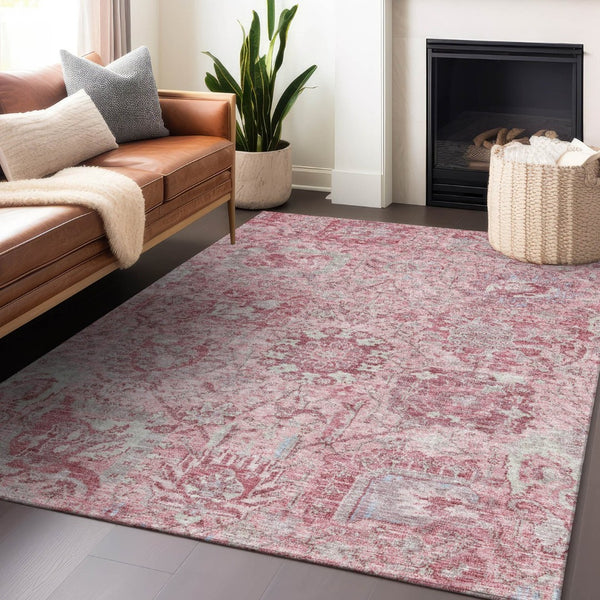 HomeRoots 5' Pink and Gray Damask Area Rug - Durable, Washable Design for Indoor and Outdoor Spaces 10' X 14' 603784
