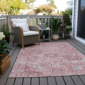 HomeRoots 5' Pink and Gray Damask Area Rug - Durable, Washable Design for Indoor and Outdoor Spaces 10' X 14' 603784