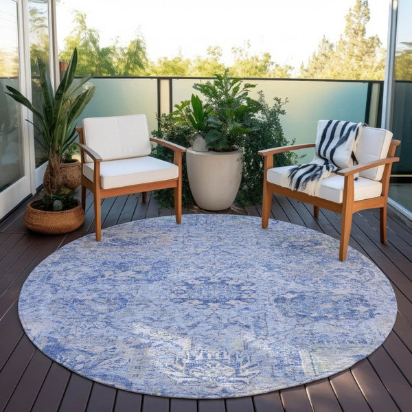 HomeRoots 5' Elegant Sky Blue Damask Area Rug – Stylish, Stain-Resistant, Machine Washable for Indoor & Outdoor Use 8' Round 603787