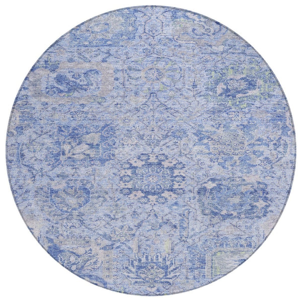 HomeRoots 5' Elegant Sky Blue Damask Area Rug – Stylish, Stain-Resistant, Machine Washable for Indoor & Outdoor Use 8' Round 603787