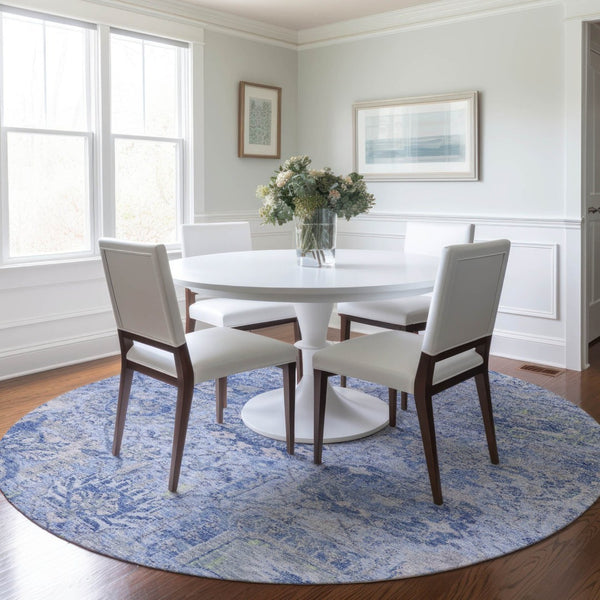 HomeRoots 5' Elegant Sky Blue Damask Area Rug – Stylish, Stain-Resistant, Machine Washable for Indoor & Outdoor Use 8' Round 603787