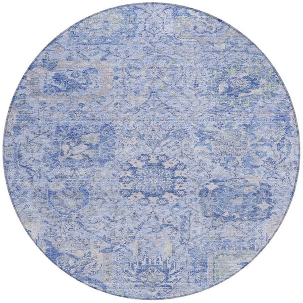HomeRoots 5' Elegant Sky Blue Damask Area Rug – Stylish, Stain-Resistant, Machine Washable for Indoor & Outdoor Use 8' Round 603787