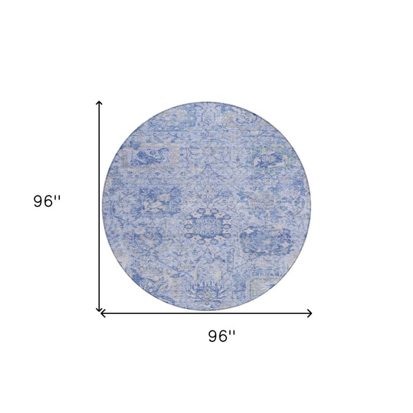 HomeRoots 5' Elegant Sky Blue Damask Area Rug – Stylish, Stain-Resistant, Machine Washable for Indoor & Outdoor Use 8' Round 603787