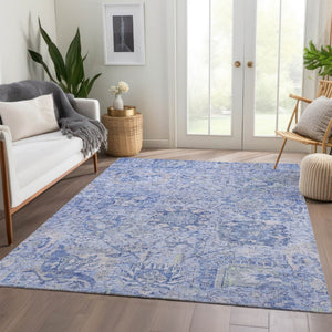 HomeRoots 5' Elegant Sky Blue Damask Area Rug – Stylish, Stain-Resistant, Machine Washable for Indoor & Outdoor Use 10' X 14' 603790
